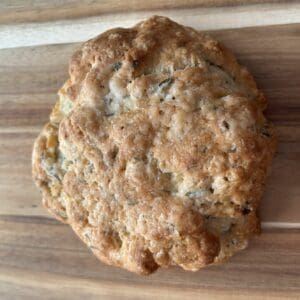Cookie on a wooden surface.